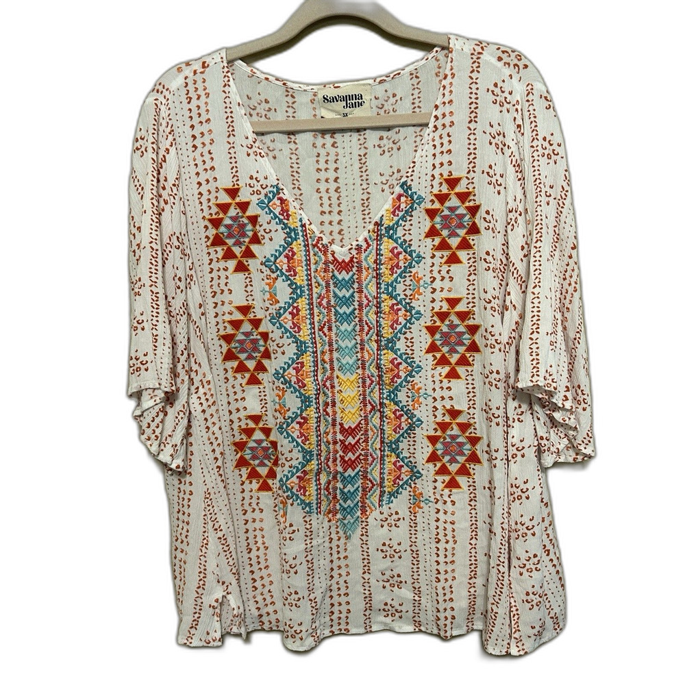 Savanna Jane Red Embroidered Aztec Southwestern Top Women 3X Boho Peasant Blouse